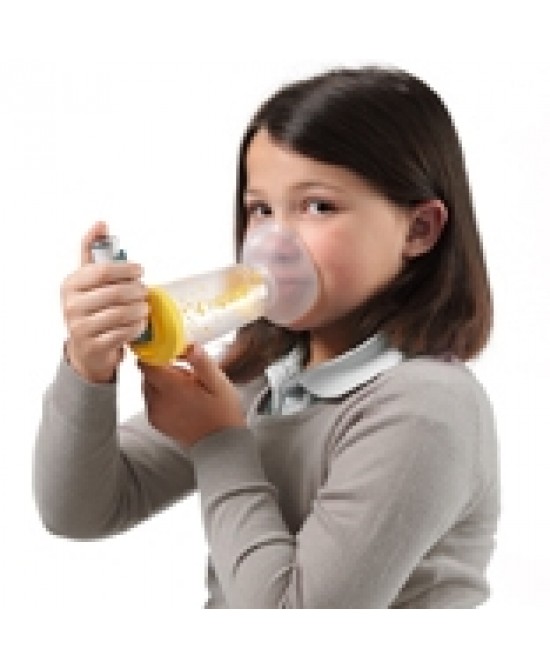 CAMERA DISTANZIATRICE PER EROGATORI SPRAY PREDOSATI L'ESPACE 220ML PEDIATRICO SPAZIO MORTO 49ML CON MASCHERA VALVOLA INSPIRAZIONE 2 VALVOLE ESPIRAZIONE CODICE COLORE GIALLO - Speedyfarma.it