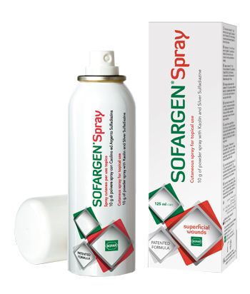 MEDICAZIONE IN POLVERE SPRAY CON CAOLINO E ARGENTO SULFADIAZINA 1% SOFARGEN SPRAY 10 G BOMBOLETTA PRESSURIZZATA 125 ML - Speedyfarma.it