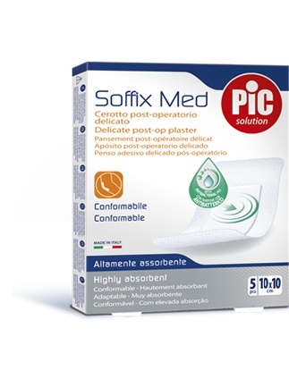 CEROTTO PIC SOFFIX MED IN TNT CON TAMPONE CENTRALE ASSORBENTE STERILE MONOUSO 10X10 CM ANTIBATTERICO 5 PEZZI - Speedyfarma.it