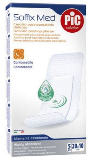 CEROTTO PIC SOFFIX MED IN TNT CON TAMPONE CENTRALE ASSORBENTE STERILE MONOUSO 10X20 CM ANTIBATTERICO 5 PEZZI - Speedyfarma.it