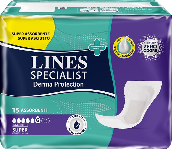 PANNOLONE PER INCONTINENZA LINES SPECIALIST DERMA PROTECTION SAGOMATO ANATOMICO SUPER 15 PEZZI - Speedyfarma.it