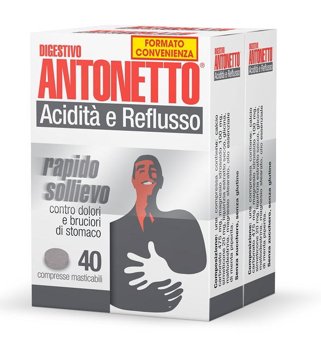 DIGESTIVO ANTONETTO ACIDITA' E REFLUSSO 80 COMPRESSE MASTICABILI 2 ASTUCCI DA 40 COMPRESSE - Speedyfarma.it