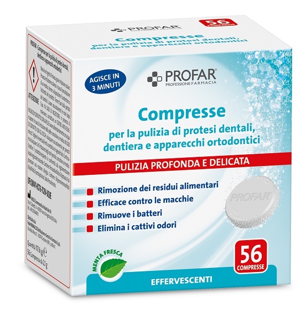 PROFAR COMPRESSE PULIZIA PROTESI DENTALI-DENTIERA-APPARECCHI ORTODONTICI 56 PEZZI - Speedyfarma.it