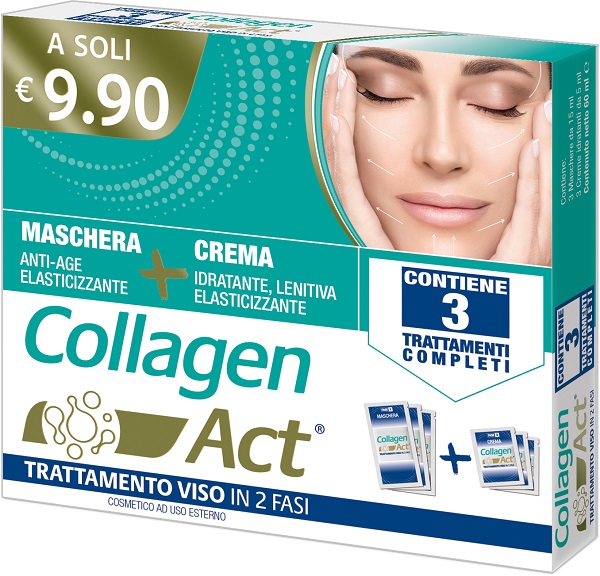 COLLAGEN ACT TRATTAMENTO VISO 2 FASI MASCHERA ANTI AGE ELASTICIZZANTE 3 PEZZI DA 15 ML + CREMA IDRATANTE LENITIVA ELASTICIZZANTE 3 PEZZI DA 5 ML - Speedyfarma.it