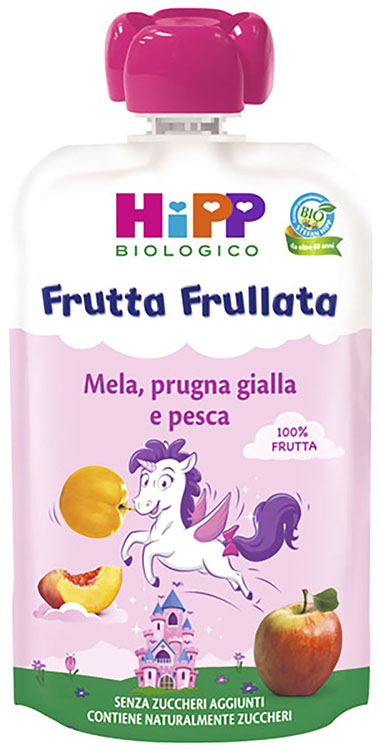 HIPP BIO FRUTTA FRULLATA UNICORNO MELA PRUGNA GIALLA PESCA 90 G - Speedyfarma.it