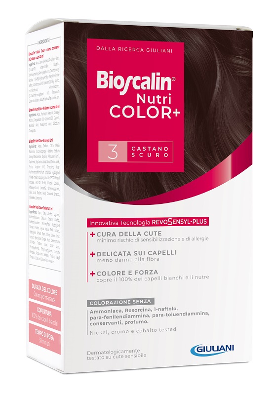 BIOSCALIN NUTRICOLOR PLUS 3 CASTANO SCURO CREMA COLORANTE 40 ML + RIVELATORE CREMA 60 ML + SHAMPOO 12 ML + TRATTAMENTO FINALE BALSAMO 12 ML - Speedyfarma.it