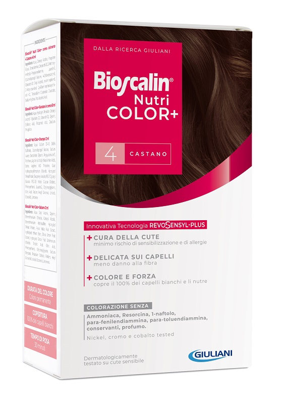 BIOSCALIN NUTRICOLOR PLUS 4 CASTANO CREMA COLORANTE 40 ML + RIVELATORE CREMA 60 ML + SHAMPOO 12 ML + TRATTAMENTO FINALE BALSAMO 12 ML - Speedyfarma.it