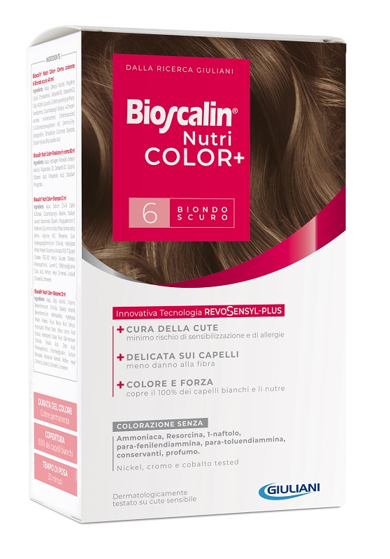 BIOSCALIN NUTRICOLOR PLUS 6 BIONDO SCURO CREMA COLORANTE 40 ML + RIVELATORE CREMA 60 ML + SHAMPOO 12 ML + TRATTAMENTO FINALE BALSAMO 12 ML - Speedyfarma.it