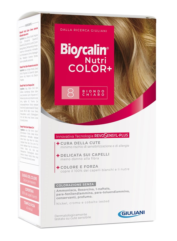 BIOSCALIN NUTRICOLOR PLUS 8 BIONDO CHIARO CREMA COLORANTE 40 ML + RIVELATORE CREMA 60 ML + SHAMPOO 12 ML + TRATTAMENTO FINALE BALSAMO 12 ML - Speedyfarma.it