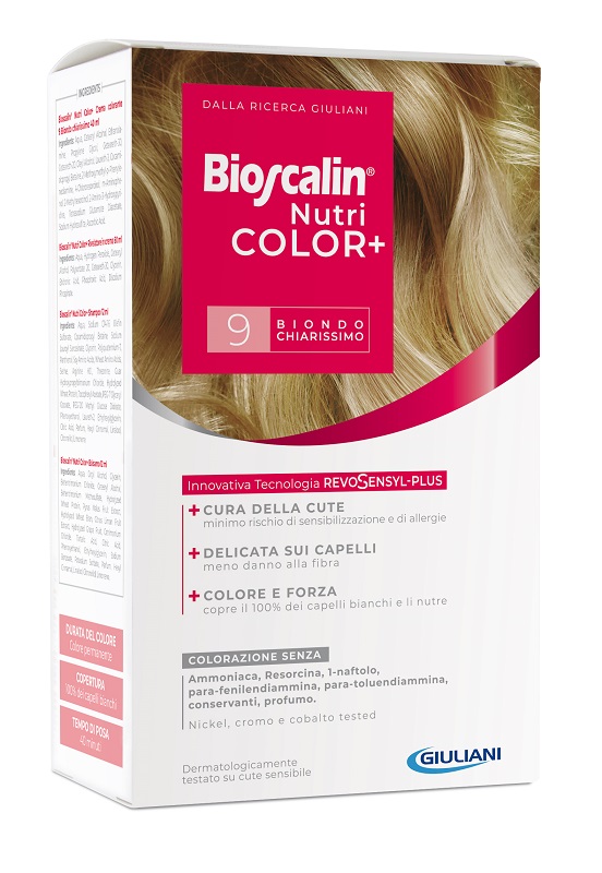 BIOSCALIN NUTRICOLOR PLUS 9 BIONDO CHIARISSIMO CREMA COLORANTE 40 ML + RIVELATORE CREMA 60 ML + SHAMPOO 12 ML + TRATTAMENTO FINALE BALSAMO 12 ML - Speedyfarma.it