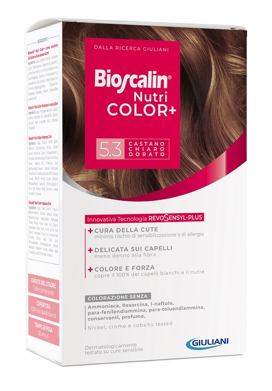 BIOSCALIN NUTRICOLOR PLUS 5,3 CASTANO CHIARO DORATO CREMA COLORANTE 40 ML + RIVELATORE CREMA 60 ML + SHAMPOO 12 ML + TRATTAMENTO FINALE BALSAMO 12 ML - Speedyfarma.it