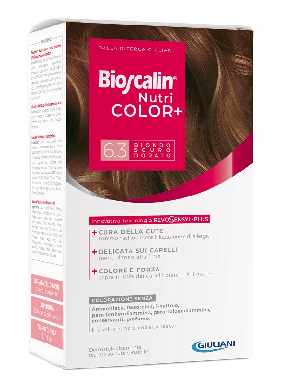 BIOSCALIN NUTRICOLOR PLUS 6,3 BIONDO SCURO DORATO CREMA COLORANTE 40 ML + RIVELATORE CREMA 60 ML + SHAMPOO 12 ML + TRATTAMENTO FINALE BALSAMO 12 ML - Speedyfarma.it
