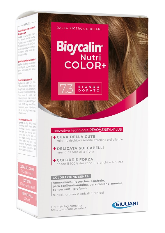 BIOSCALIN NUTRICOLOR PLUS 7,3 BIONDO DORATO CREMA COLORANTE 40 ML + RIVELATORE CREMA 60 ML + SHAMPOO 12 ML + TRATTAMENTO FINALE BALSAMO 12 ML - Speedyfarma.it