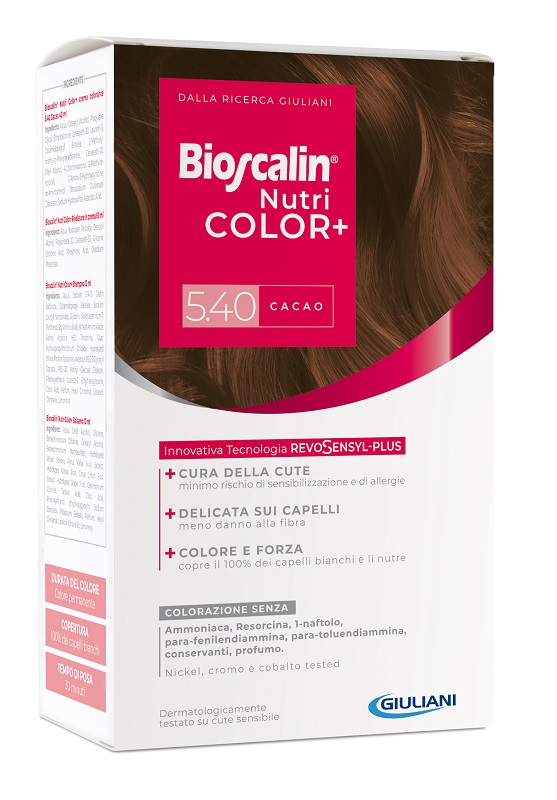 BIOSCALIN NUTRICOLOR PLUS 5,40 CACAO CREMA COLORANTE 40 ML + RIVELATORE CREMA 60 ML + SHAMPOO 12 ML + TRATTAMENTO FINALE BALSAMO 12 ML - Speedyfarma.it