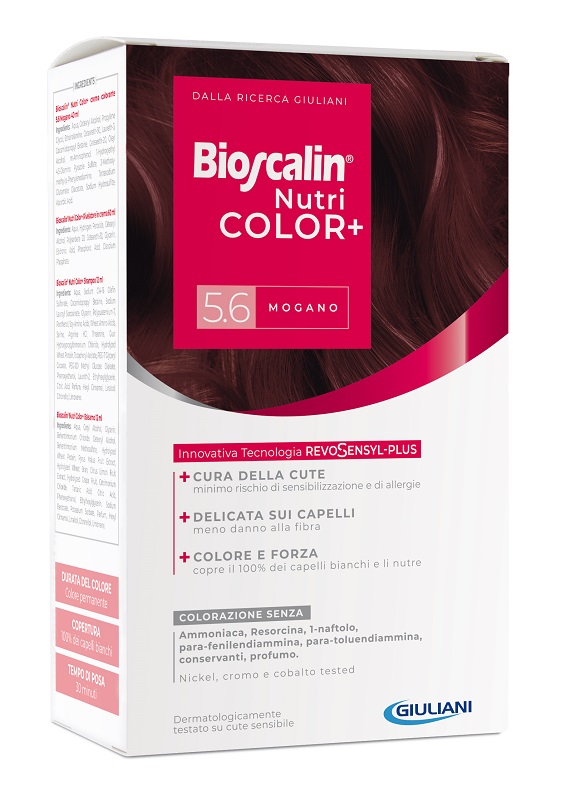 BIOSCALIN NUTRICOLOR PLUS 5,6 MOGANO CREMA COLORANTE 40 ML + RIVELATORE CREMA 60 ML + SHAMPOO 12 ML + TRATTAMENTO FINALE BALSAMO 12 ML - Speedyfarma.it