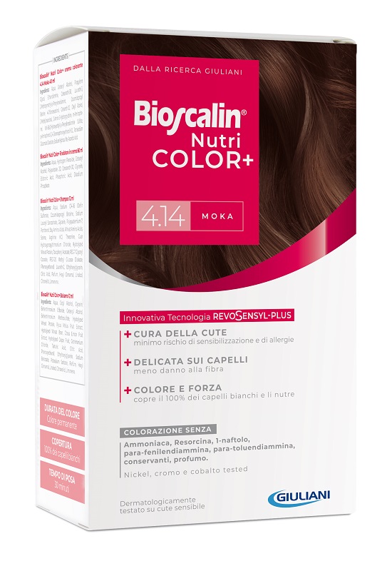 BIOSCALIN NUTRICOLOR PLUS 4,14 MOKA CREMA COLORANTE 40 ML + RIVELATORE CREMA 60 ML + SHAMPOO 12 ML + TRATTAMENTO FINALE BALSAMO 12 ML - Speedyfarma.it