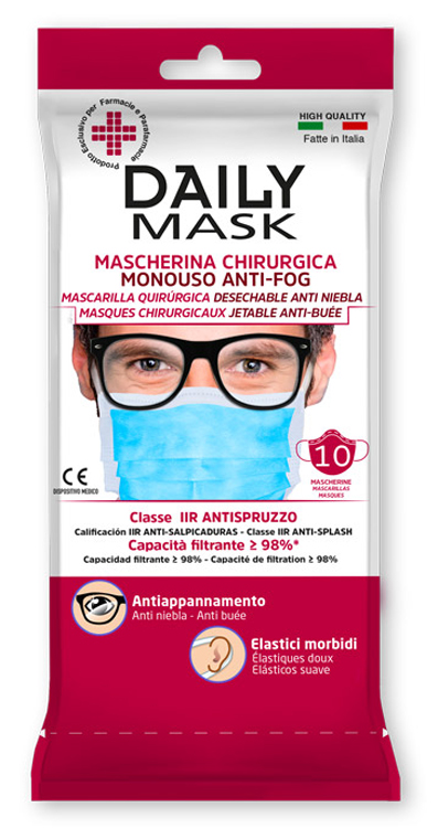 MASCHERINA CHIRURGICA MONOUSO ANTI-FOG DAILY MASK TIPO IIR TRE TNT STRATI ANTISPRUZZO 10 PEZZI - Speedyfarma.it