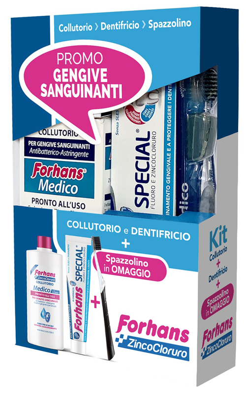 FORHANS KIT GENGIVE SANGUINANTI 1 FORHANS COLLUTORIO MEDICO 250 ML + 1 FORHANS DENTIFRICIO SPECIAL 75 ML + 1 FORHANS SPAZZOLINO MEDICO IN OMAGGIO - Speedyfarma.it