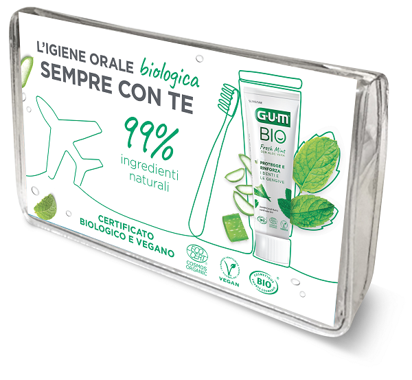 GUM TRAVEL KIT BIO 1 SPAZZOLINO + 1 DENTIFRICIO +  1 SCOVOLINO INTERDENTALE - Speedyfarma.it