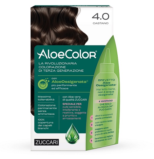 ALOECOLOR 4,0 CASTANO TINTA PERMANENTE CAPELLI COLORE AD ALTA PIGMENTAZIONE 50 ML + RIVELATORE ALOEOSSIGENATA 75 ML + SHAMPOO ALOECARE 15 ML + GUANTI - Speedyfarma.it