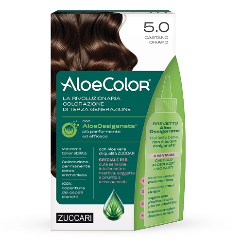 ALOECOLOR 5,0 CASTANO CHIARO TINTA PERMANENTE CAPELLI COLORE AD ALTA PIGMENTAZIONE 50 ML + RIVELATORE ALOEOSSIGENATA 75 ML + SHAMPOO ALOECARE 15 ML + GUANTI - Speedyfarma.it