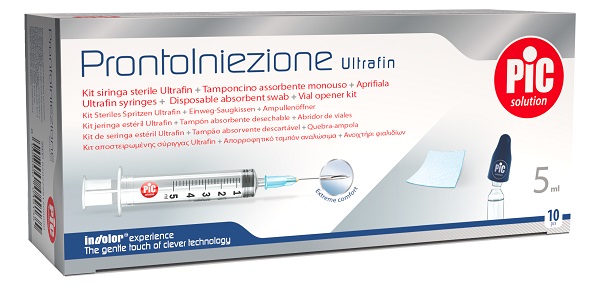 PRONTOINIEZIONE ULTRAFIN KIT SIRINGA STERILE 5 ML GAUGE 23 10 PEZZI + TAMPONCINO ASSORBENTE MONOUSO + APRIFIALA - Speedyfarma.it
